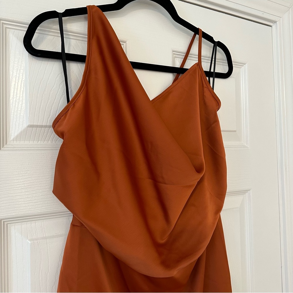 Rust Satin Drape Midi Dress